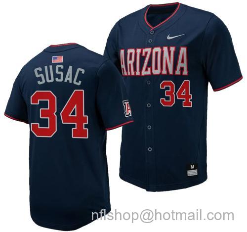 Men's Anthony Susac Jersey #34 Arizona Wildcats Replica Baseball Full-Button Navy11