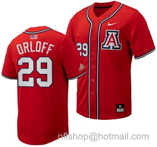 Men's Eric Orloff Jersey #29 Arizona Wildcats Replica Baseball Full-Button Red139