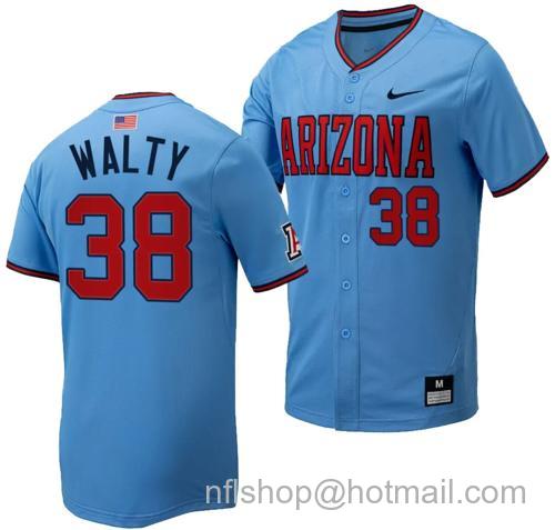 Men's Cam Walty Jersey #38 Arizona Wildcats Replica Baseball Full-Button Light Blue101