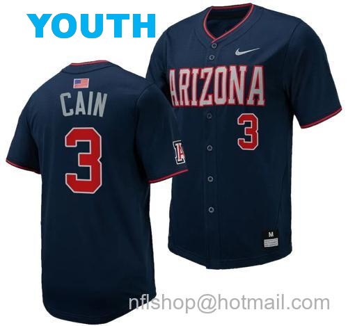 Youth Andrew Cain Jersey #3 Arizona Wildcats Replica Baseball Full-Button Navy7