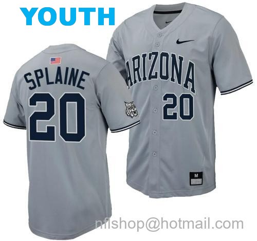 Youth Tommy Splaine Jersey #20 Arizona Wildcats Replica Baseball Full-Button Gray172