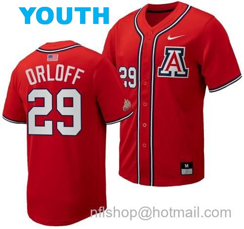 Youth Eric Orloff Jersey #29 Arizona Wildcats Replica Baseball Full-Button Red139