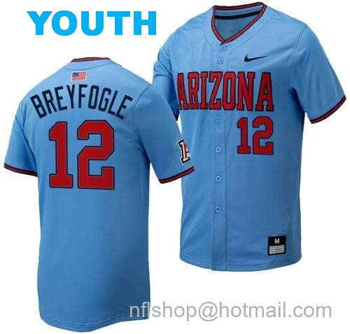 Youth Easton Breyfogle Jersey #12 Arizona Wildcats Replica Baseball Full-Button Light Blue129