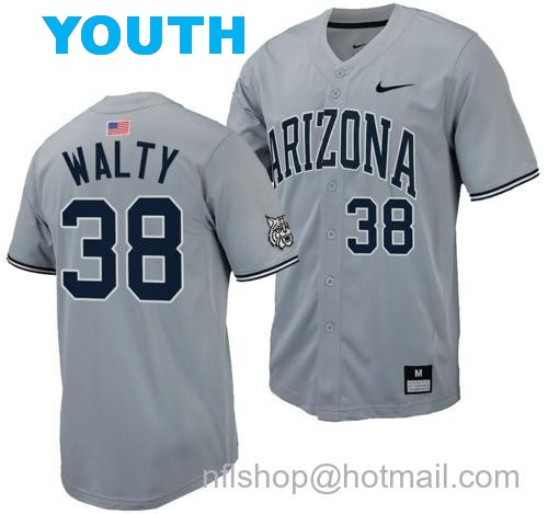 Youth Cam Walty Jersey #38 Arizona Wildcats Replica Baseball Full-Button Gray100