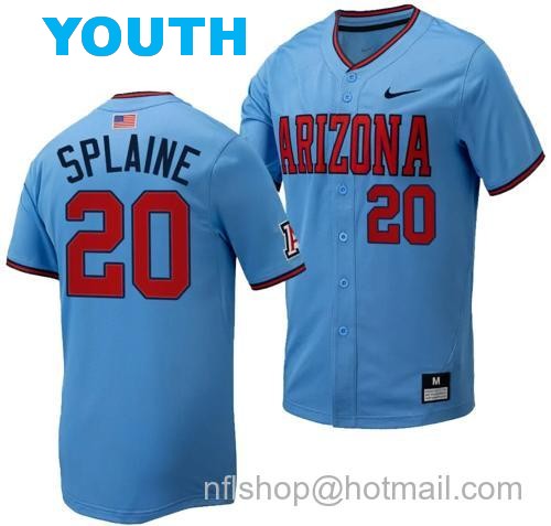 Youth Tommy Splaine Jersey #20 Arizona Wildcats Replica Baseball Full-Button Light Blue173