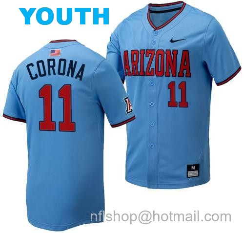 Youth Emilio Corona Jersey #11 Arizona Wildcats Replica Baseball Full-Button Light Blue133