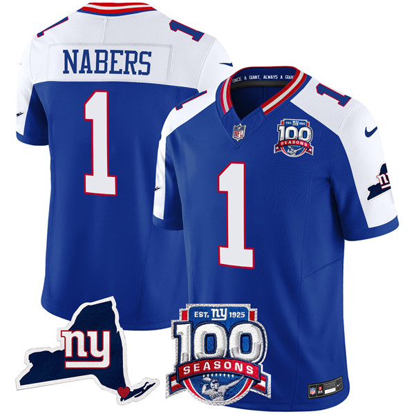 Men's New York Giants #1 Malik Nabers Royal 2024 F.U.S.E. 100th Season And State Patch Vapor Limited Alternate Stitched Football Jersey