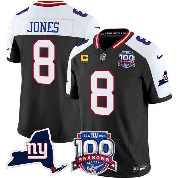 Men's New York Giants #8 Daniel Jones Black 2024 F.U.S.E. With 4-Star C Patch 100th Season And State Patch Vapor Limited Alternate Stitched Football Jersey