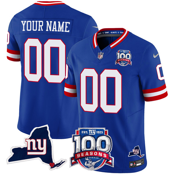 Men's New York Giants Customized Royal 2024 F.U.S.E. 100th Season And State Patch Vapor Limited Stitched Football Jersey