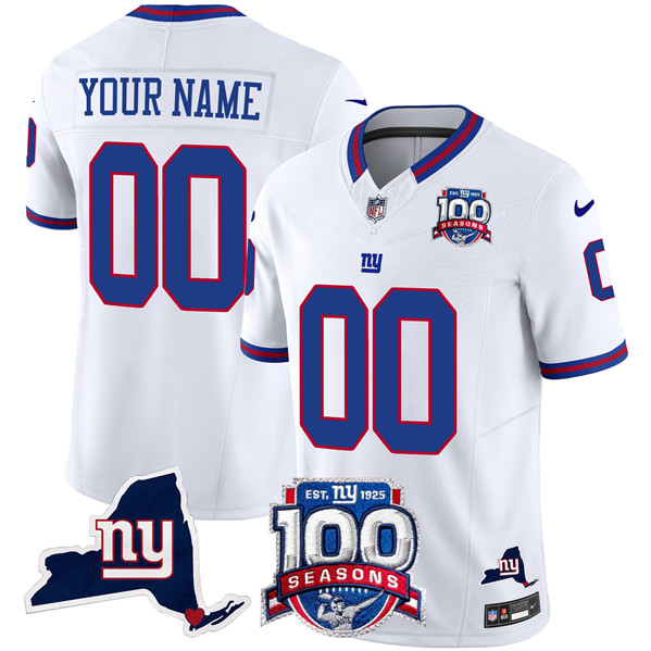 Men's New York Giants Customized White 2024 F.U.S.E. 100th Season And State Patch Vapor Limited Stitched Football Jersey