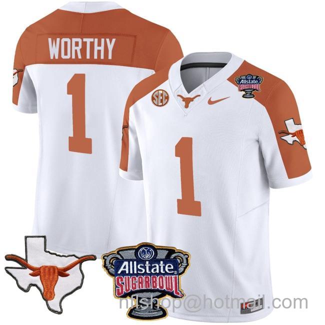 Men's Xavier Worthy Jersey #1 Texas Longhorns Sugar Bowl Patch Vapor Football Inverted