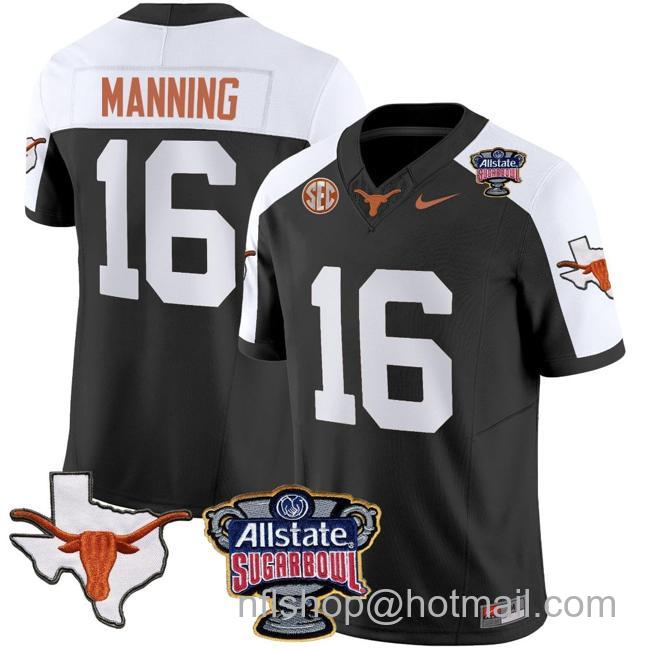 Men's Arch Manning Jersey #16 Texas Longhorns Sugar Bowl Patch Vapor Football Black Alternate