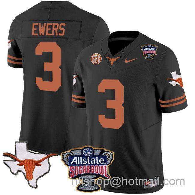 Men's Quinn Ewers Jersey #3 Texas Longhorns Sugar Bowl Patch Vapor Football Black