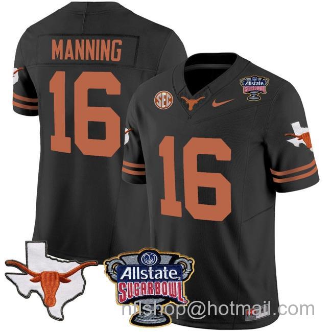 Men's Arch Manning Jersey #16 Texas Longhorns Sugar Bowl Patch Vapor Football Black