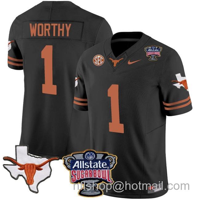 Men's Xavier Worthy Jersey #1 Texas Longhorns Sugar Bowl Patch Vapor Football Black