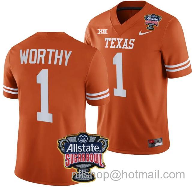 Men's Xavier Worthy Jersey #1 Texas Longhorns Allstate Sugar Bowl Patch 2024 College Football Orange