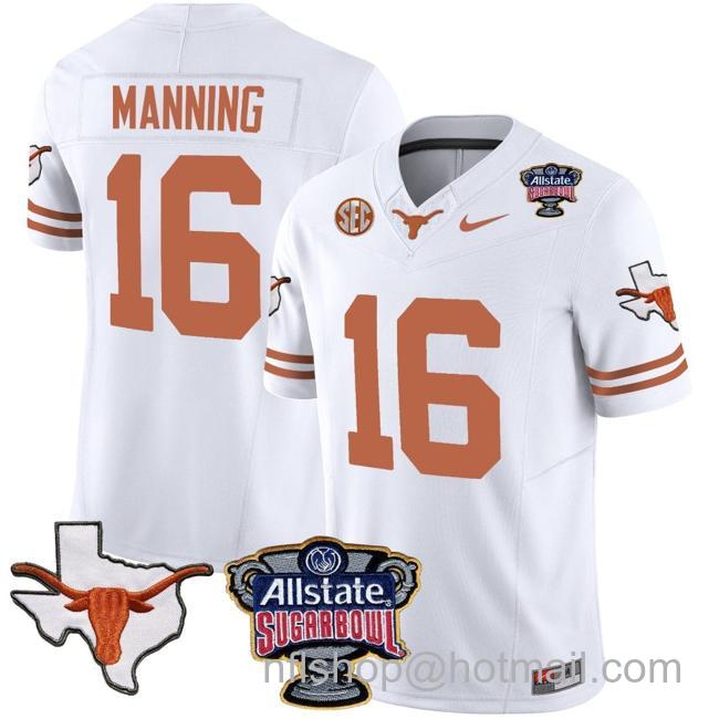 Men's Arch Manning Jersey #16 Texas Longhorns Sugar Bowl Patch Vapor Football White