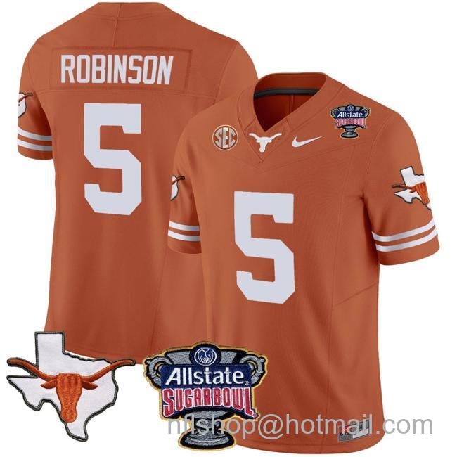 Men's Bijan Robinson Jersey #5 Texas Longhorns Sugar Bowl Patch Vapor Football Texas Orange