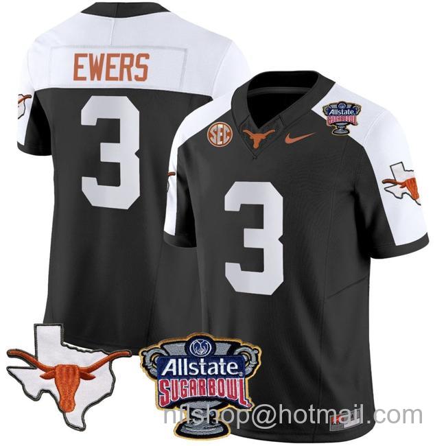 Men's Quinn Ewers Jersey #3 Texas Longhorns Sugar Bowl Patch Vapor Football Black Alternate