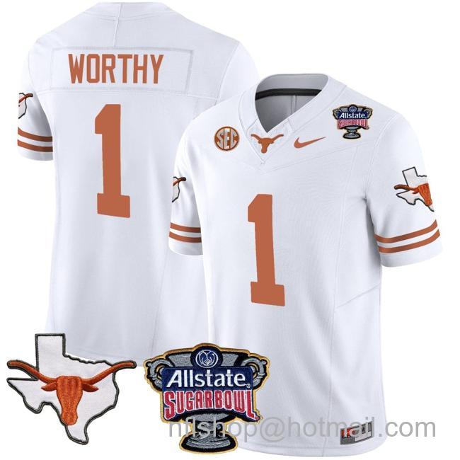 Men's Xavier Worthy Jersey #1 Texas Longhorns Sugar Bowl Patch Vapor Football White