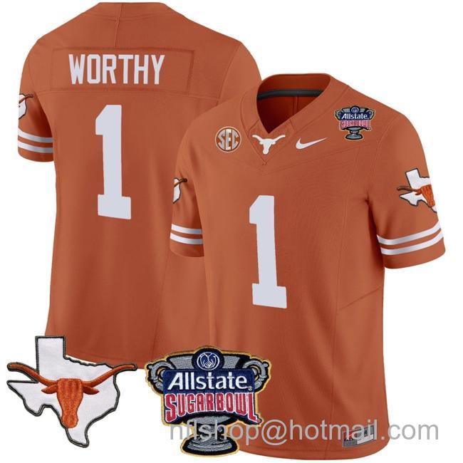 Men's Xavier Worthy Jersey #1 Texas Longhorns Sugar Bowl Patch Vapor Football Texas Orange