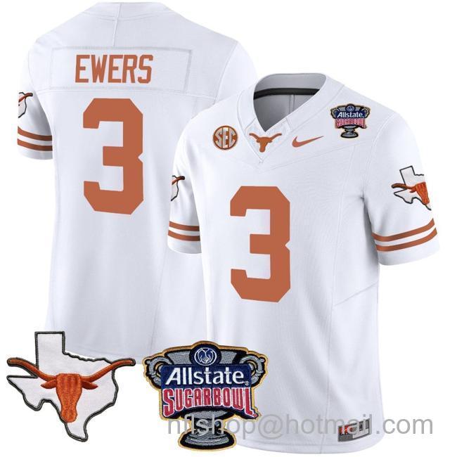 Men's Quinn Ewers Jersey #3 Texas Longhorns Sugar Bowl Patch Vapor Football White