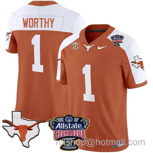 Men's Xavier Worthy Jersey #1 Texas Longhorns Sugar Bowl Patch Vapor Football Orange Alternate