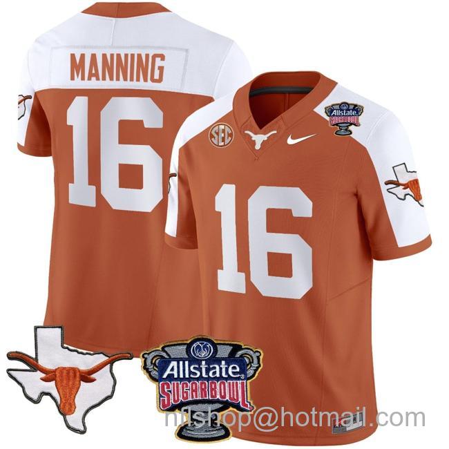 Men's Arch Manning Jersey #16 Texas Longhorns Sugar Bowl Patch Vapor Football Orange Alternate