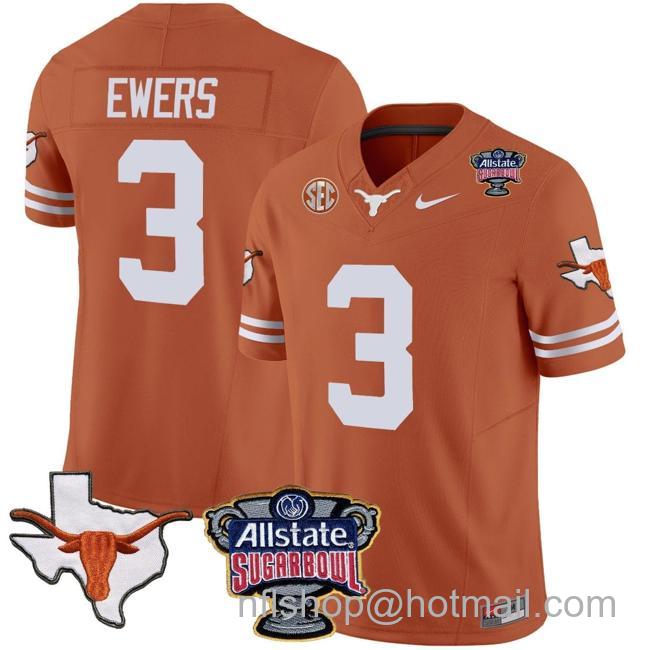 Men's Quinn Ewers Jersey #3 Texas Longhorns Sugar Bowl Patch Vapor Football Texas Orange