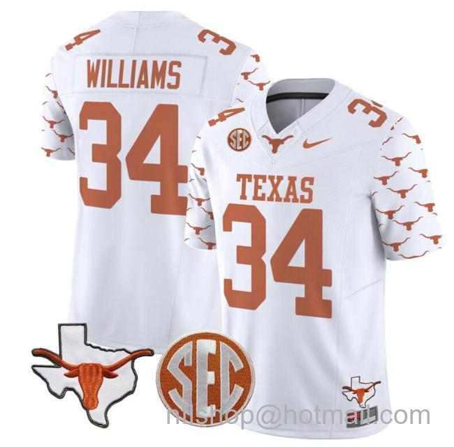 Men's Ricky Williams Jersey #34 Texas Longhorns State Map and Sec Patch Vapor Limited College Football Stitched White