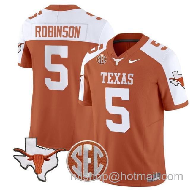 Men's Bijan Robinson Jersey #5 Texas Longhorns State Map and Sec Patch Vapor Limited College Football Stitched Orange Alternate