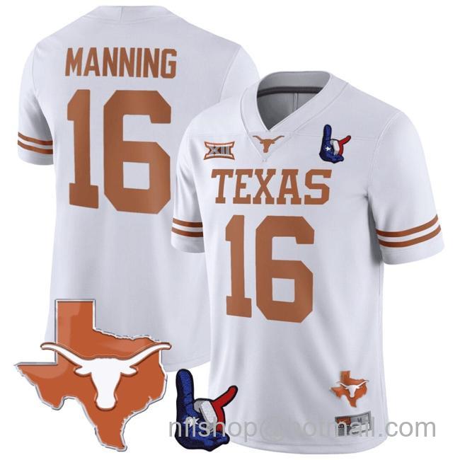 Men's Arch Manning Jersey #16 Texas Longhorns Texas State Map and Throwing Up The H Patch Football White