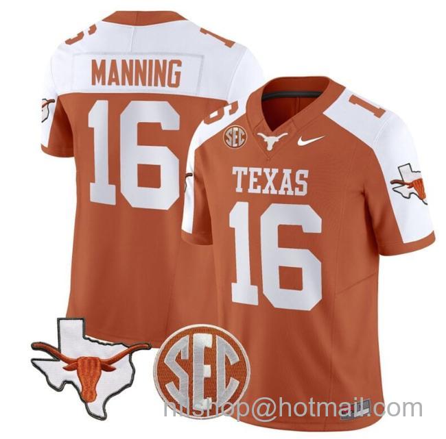 Men's Arch Manning Jersey #16 Texas Longhorns State Map and Sec Patch Vapor Limited College Football Stitched Orange Alternate