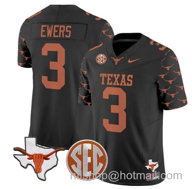 Men's Quinn Ewers Jersey #3 Texas Longhorns State Map and Sec Patch Vapor Limited College Football Stitched Black