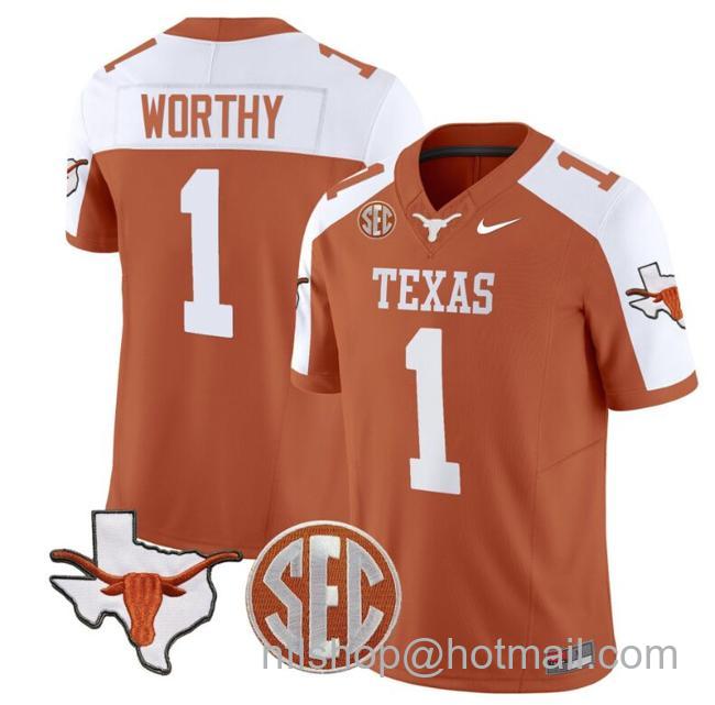 Men's Xavier Worthy Jersey #1 Texas Longhorns State Map and Sec Patch Vapor Limited College Football Stitched Orange Alternate