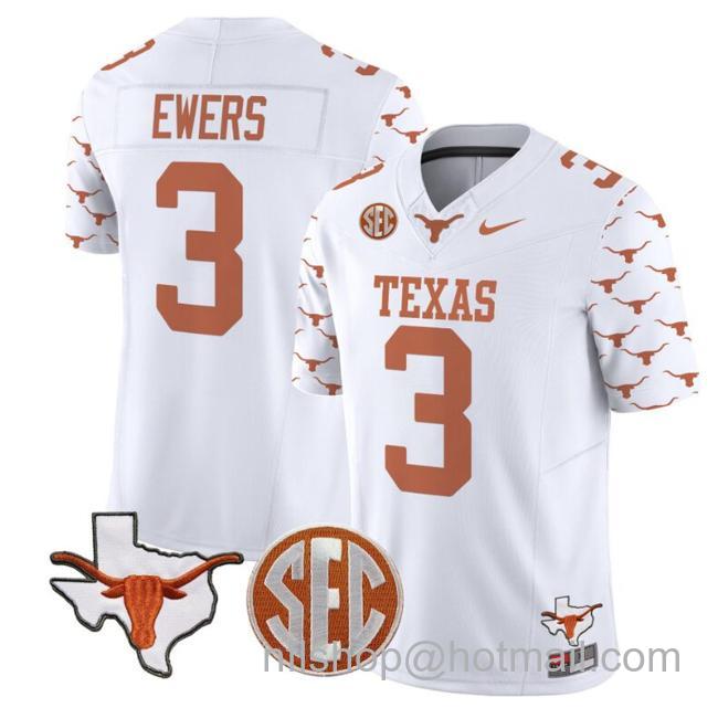 Men's Quinn Ewers Jersey #3 Texas Longhorns State Map and Sec Patch Vapor Limited College Football Stitched White