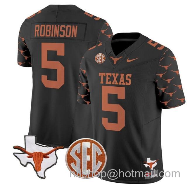 Men's Bijan Robinson Jersey #5 Texas Longhorns State Map and Sec Patch Vapor Limited College Football Stitched Black