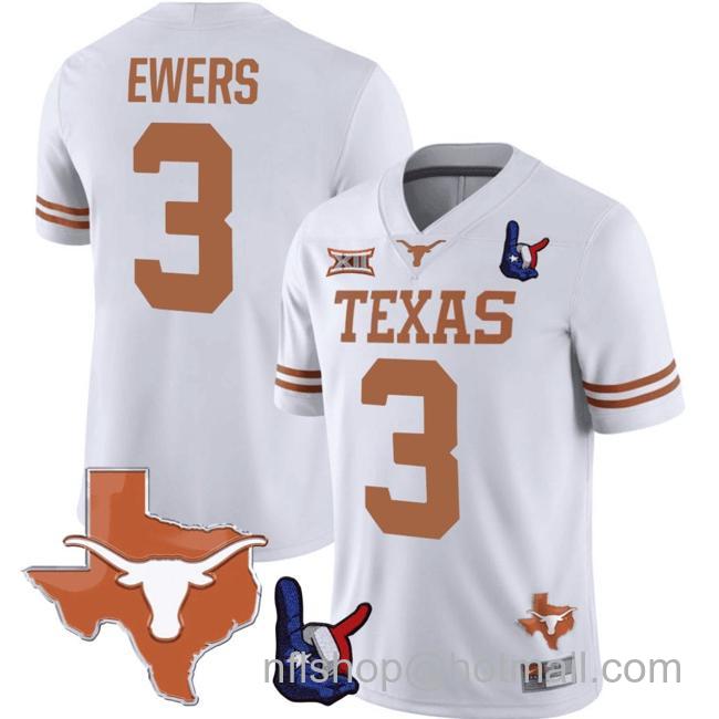 Men's Quinn Ewers Jersey #3 Texas Longhorns Texas State Map and Throwing Up The H Patch Football White