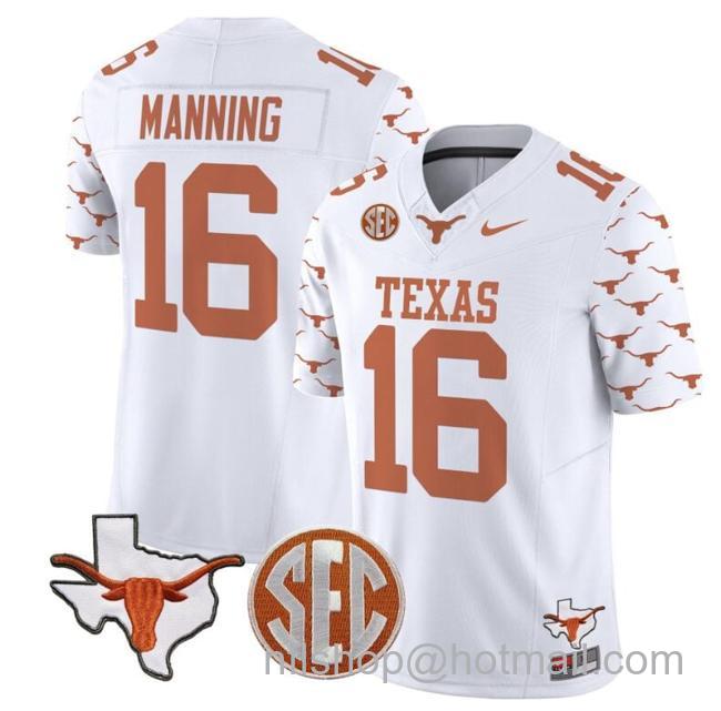 Men's Arch Manning Jersey #16 Texas Longhorns State Map and Sec Patch Vapor Limited College Football Stitched White