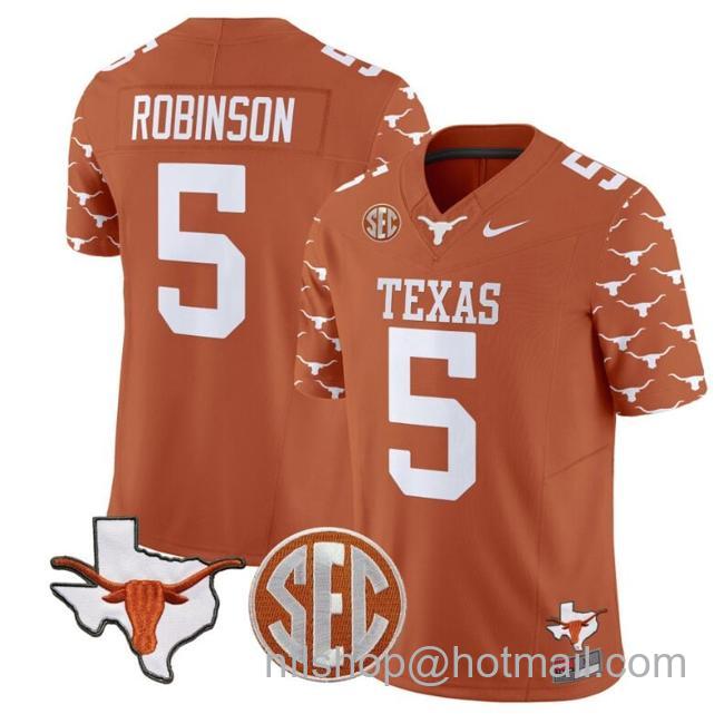 Men's Bijan Robinson Jersey #5 Texas Longhorns State Map and Sec Patch Vapor Limited College Football Stitched Texas Orange