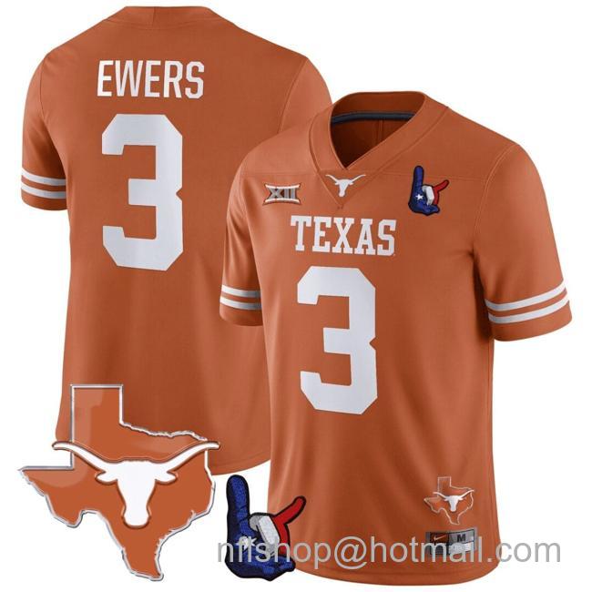 Men's Quinn Ewers Jersey #3 Texas Longhorns Texas State Map and Throwing Up The H Patch Football Orange