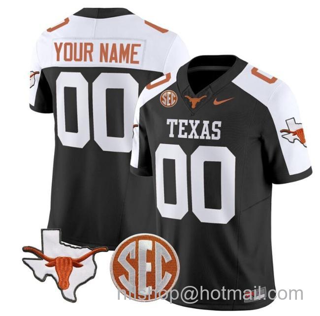 Men's Custom Texas Longhorns Jersey Name and Number State Map and Sec Patch Vapor Limited College Football Stitched Black Alternate