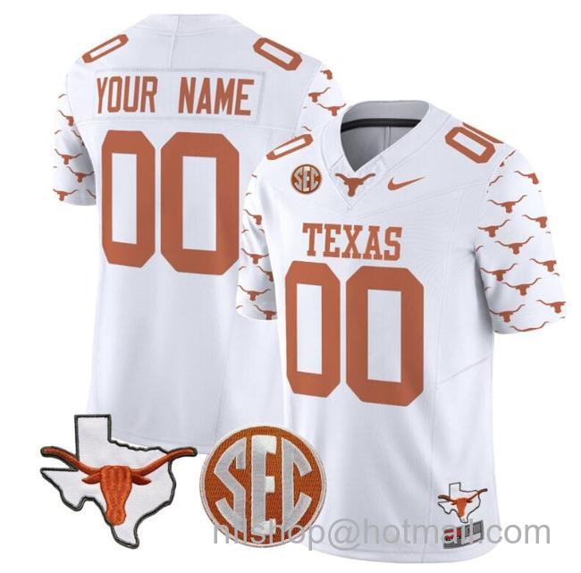 Men's Custom Texas Longhorns Jersey Name and Number State Map and Sec Patch Vapor Limited College Football Stitched White