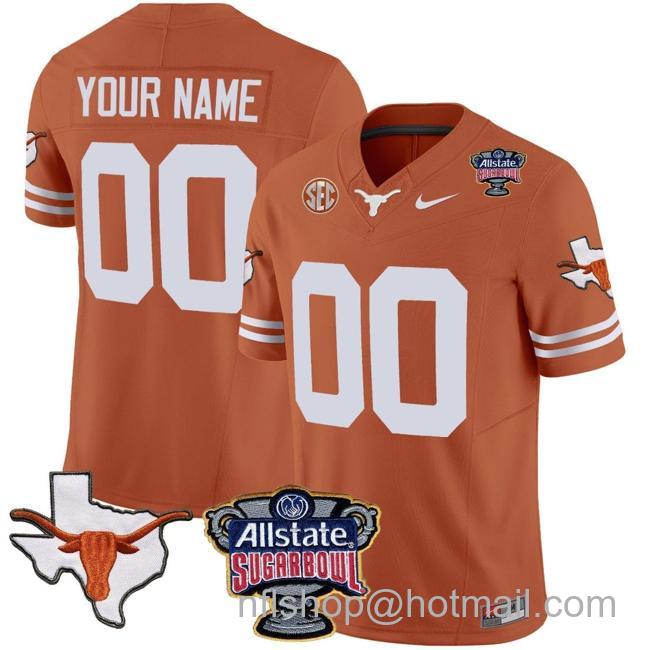 Men's Custom Texas Longhorns Jersey Name and Number Sugar Bowl Patch Football Texas Orange