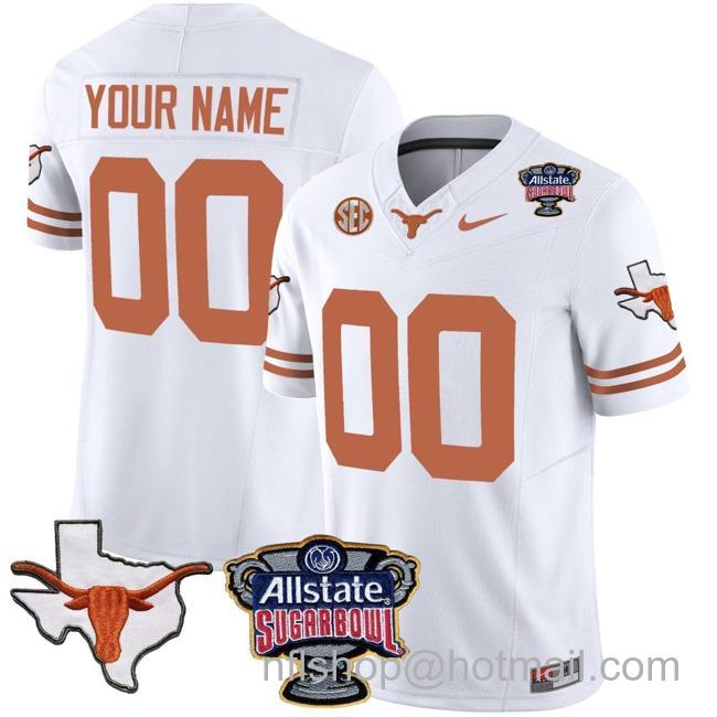 Men's Custom Texas Longhorns Jersey Name and Number Sugar Bowl Patch Football White