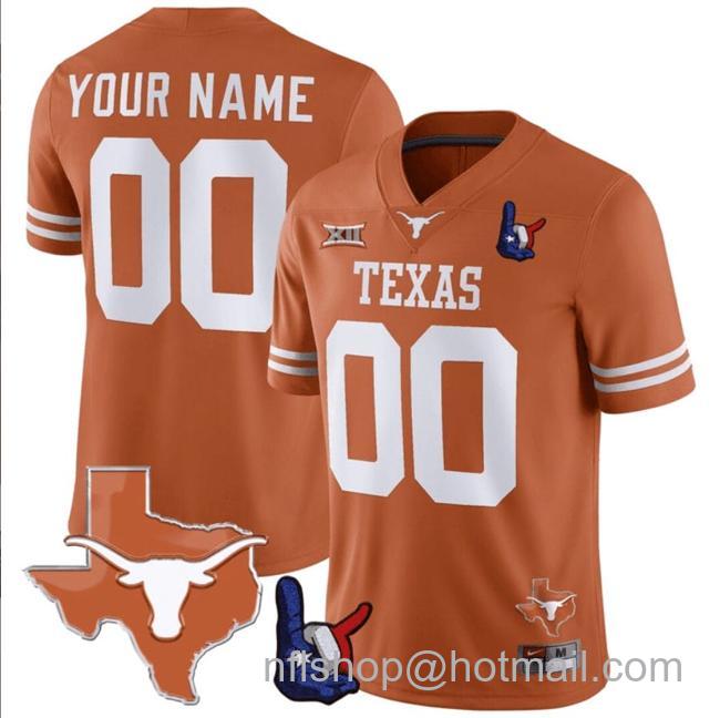 Men's Custom Texas Longhorns Jersey Name and Number Texas State and Throwing Up The H Patch Orange