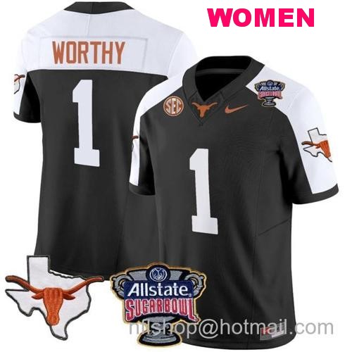 Women's Xavier Worthy Jersey #1 Texas Longhorns Sugar Bowl Patch Vapor Football Black Alternate