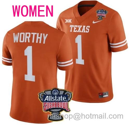 Women's Xavier Worthy Jersey #1 Texas Longhorns Allstate Sugar Bowl Patch 2024 College Football Orange