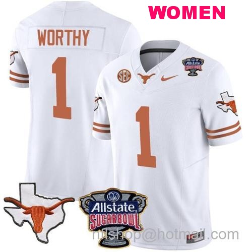 Women's Xavier Worthy Jersey #1 Texas Longhorns Sugar Bowl Patch Vapor Football White