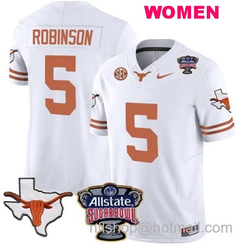 Women's Bijan Robinson Jersey #5 Texas Longhorns Sugar Bowl Patch Vapor Football White